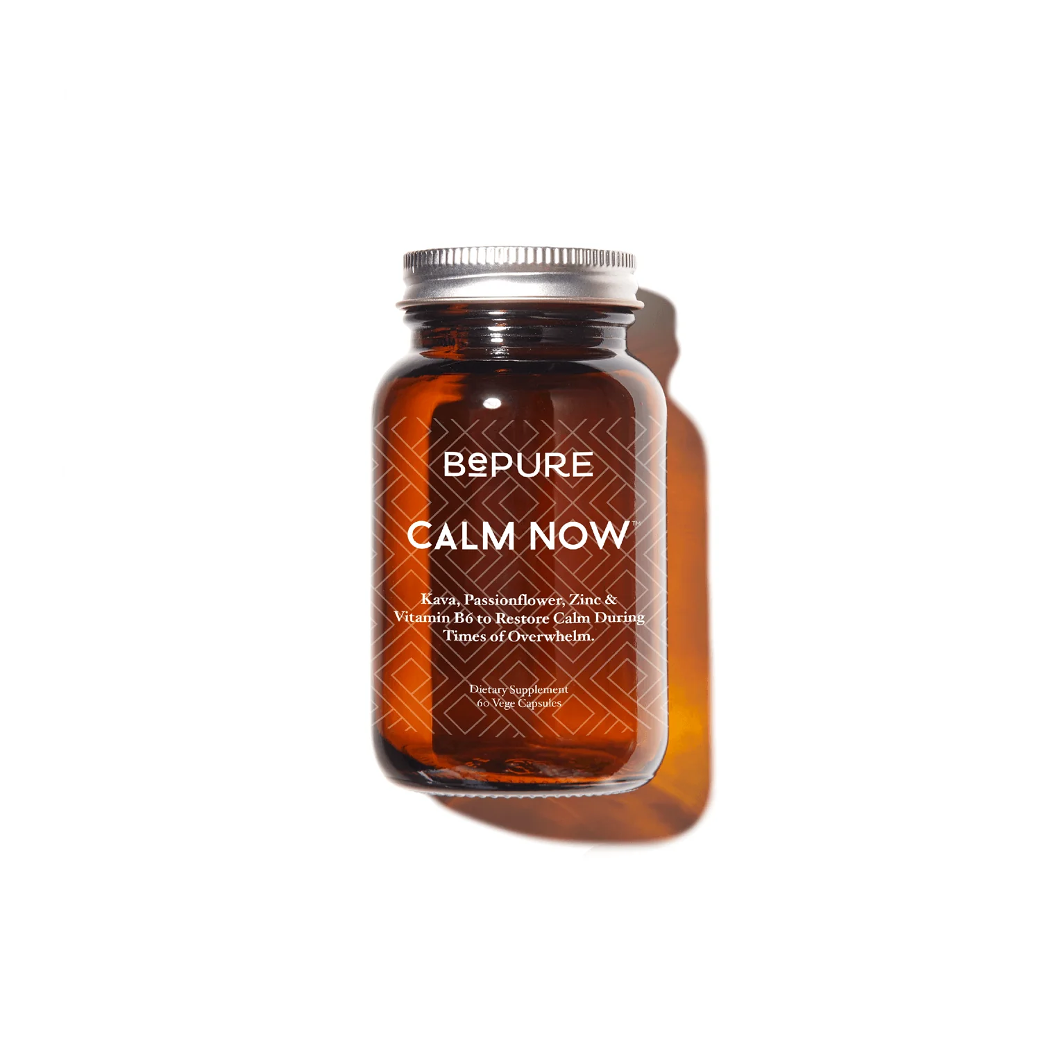 A jar of BePure Calm Now supplement capsules designed for managing daily worry and promoting relaxation.