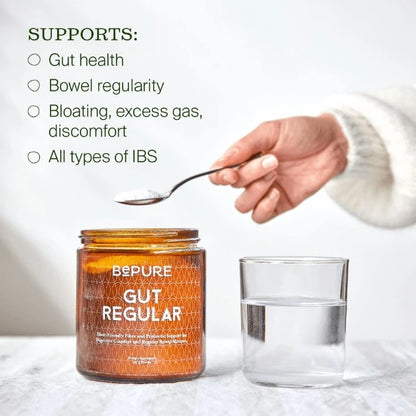 BePure Gut Regular 155g 1st Stop, Marshall's Health Shop!  Sick of feeling not quite right? Introducing Gut Regular: prebiotic fibre + probiotics to ease the bloat, gas and all types of IBS. Contains 30 serves.