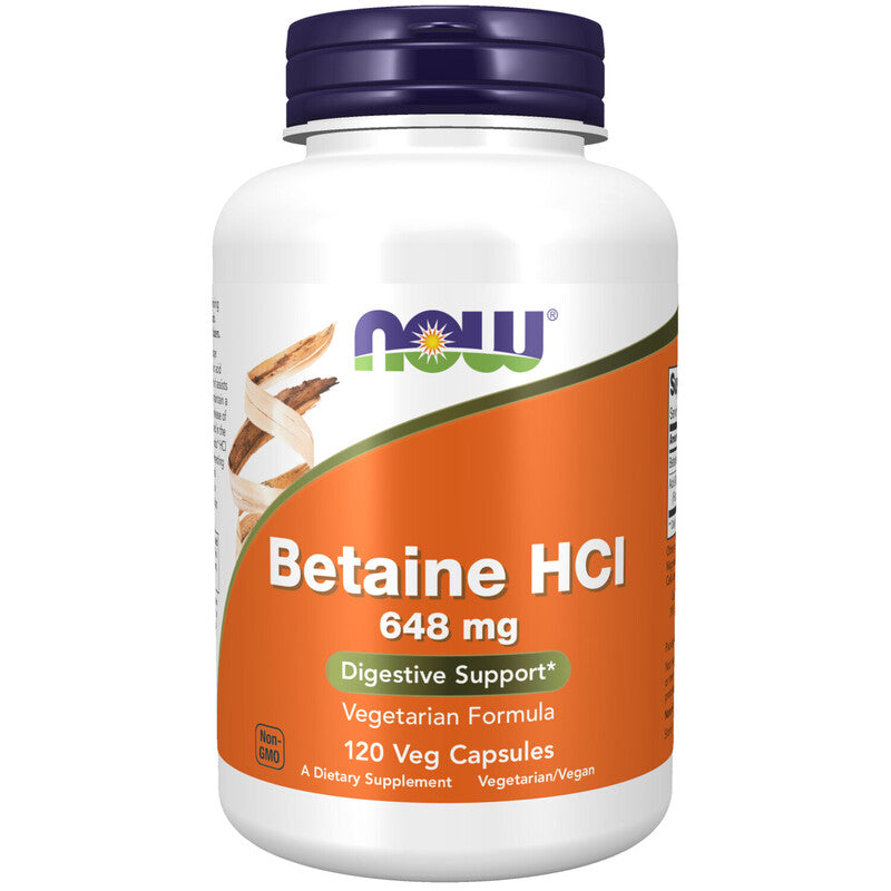 NOW Foods Betaine HCl 648mg 120 Veg Caps What is Betaine HCl? 648 mg Vegetarian Formula. NOW® Betaine HCl is formulated to support proper digestive conditions in the stomach. Hydrochloric acid (HCl) is normally produced in the stomach, where it assists protein digestion by activating pepsin, helps to maintain a healthy balance of gut flora, and stimulates the release of intestinal enzymes.