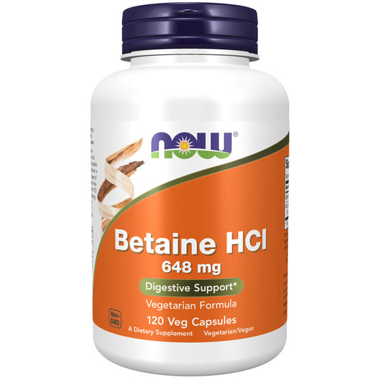 NOW Foods Betaine HCl 648mg 120 Veg Caps What is Betaine HCl?  648 mg Vegetarian Formula. NOW® Betaine HCl is formulated to support proper digestive conditions in the stomach. Hydrochloric acid (HCl) is normally produced in the stomach, where it assists protein digestion by activating pepsin, helps to maintain a healthy balance of gut flora, and stimulates the release of intestinal enzymes.