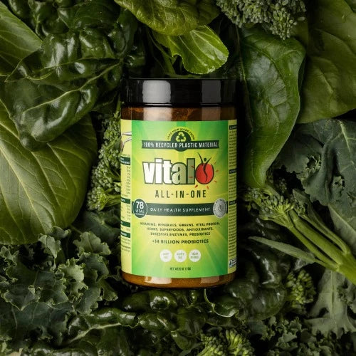 Vital All-In-One Daily Health Supplement 1st Stop, Marshall's Health Shop!  Vital Greens, now named Vital All-In-One, was the first product developed under the Vital Brand in early 2000. The formula is an easily absorbed, carefully balanced powder blend of 78 essential nutrients designed to help give your body everything it needs in a day!