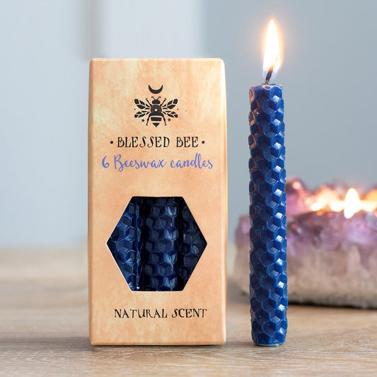 Pack of 6 Blue Beeswax Spell Candles 
H:10 x D:1 cm - A box of 6 blue Blessed Bee beeswax candles useful for spell work involving protection and wisdom. Light, natural scent. Approximate burn time of 1 hour. 100% linen wick. Non-toxic. Do not ingest.
SKU: SDBW48438