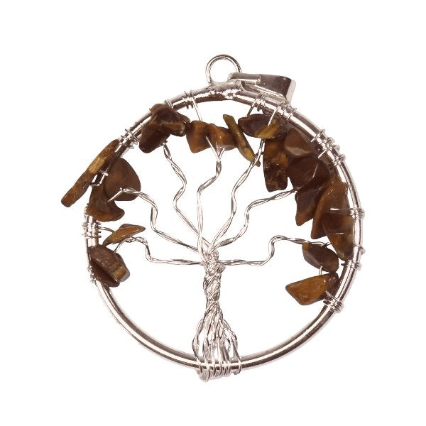 Tigers Eye Chip Tree of Life Wire Round Pendant