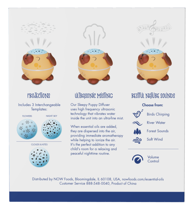 NOW Foods Sleepy Puppy Essential Oil Diffuser 1st Stop, Marshall's Health Shop! With NOW® Solutions' Sleepy Puppy Diffuser you can send your little ones off to sleep with the soothing sights, sounds and scents of nature. This BPA-free diffuser doesn't utilize heat, so there's no risk of burns.