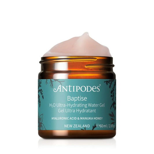 Antipodes Baptise H₂O Ultra-Hydrating Water Gel 60ml 1st Stop, Marshall's Health Shop!  World-famous New Zealand manuka honey and naturally sourced hyaluronic acid bestow their humectant properties, drawing moisture to the skin for enduring hydration. Harakeke gel combines with mamaku black fern and hibiscus flower to help revitalize cells and protect the skin.