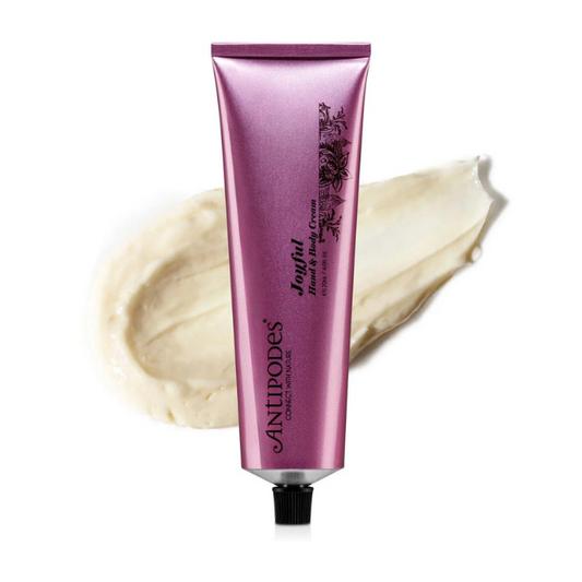 Antipodes Joyful Hand & Body Cream 120ml 1st Stop, Marshall's Health Shop!  An all-over moisturiser enriched with nourishing avocado oil to intensely hydrate without greasiness. The luxurious formulation includes the revolutionary antioxidant extract Vinanza® Grape, to improve elasticity and firmness.