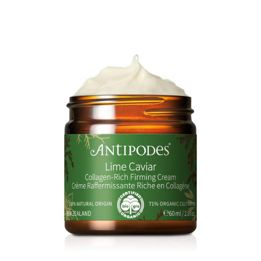 Antipodes Lime Caviar Collagen-Rich Firming Cream 60ml 1st Stop, Marshall's Health Shop!  Timeless beauty starts with 100% natural-origin ingredients primed to plump, with impressive collagen-boosting benefits, backed by science. Lime caviar extract is rich in AHAs to promote a fresh, radiant skin tone. Wrinkle-smoothing peptide Sepilift™ DPHP unites with avocado oil to smooths the appearance of wrinkles, for firmer, younger-looking skin.