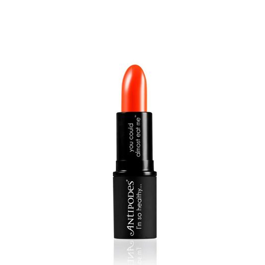 Antipodes Piha Beach Tangerine Moisture-Boost Natural Lipstick 4g 1st Stop, Marshall's Health Shop!  This nourishing Moisture-Boost Natural Lipstick is formulated with ingredients that are not only safe and natural, but so healthy you could almost eat them! Pure plant oils of avocado, evening primrose, and jojoba seed mean our lipsticks condition as they colour.