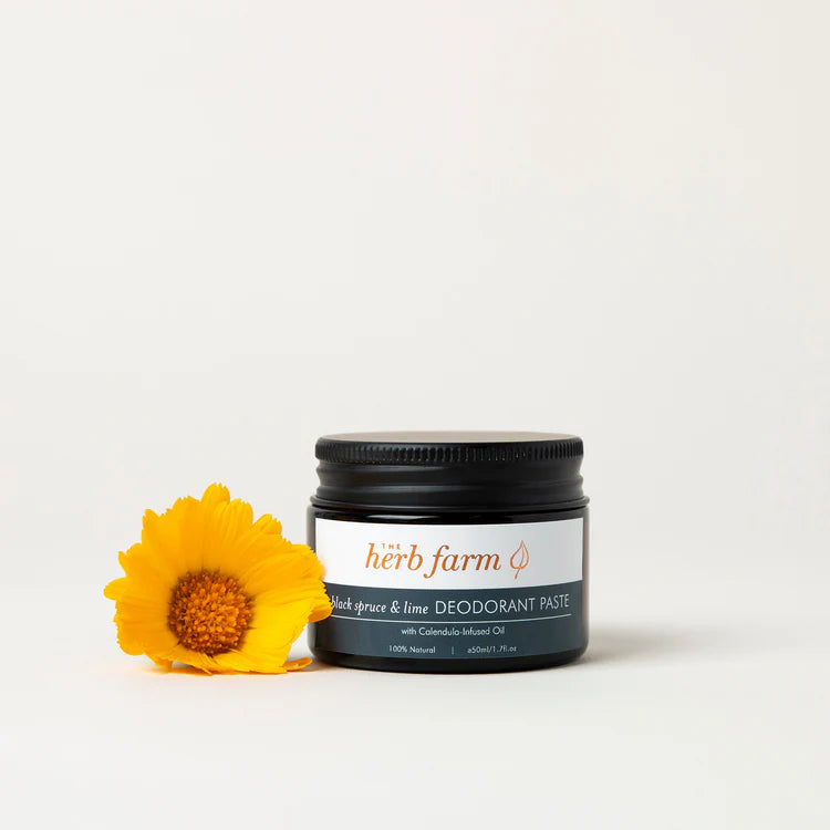 The Herb Farm Black Spruce & Lime Deodorant Paste
Our Black Spruce & Lime Deodorant Paste works to effectively absorb moisture and prevent odour-causing bacteria while soothing and nourishing the skin.
Tapioca Starch and Sodium Bicarbonate work to absorb moisture and trap excess moisture preventing odour and wetness.
Our Calendula Oil helps to prevent irritation and soothe your underarm skin.
Antibacterial Peppermint Essential Oil naturally cools and refreshes while providing an invigorating fre