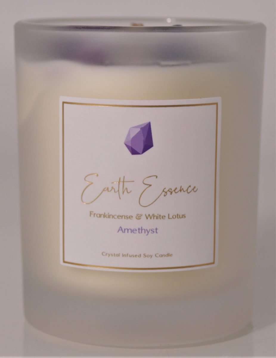 Crystal Soy Wax Candle Hydrangea, Amethyst, Frankincense and White Lotus  Comes with Hydrangea, Amethyst, Frankincense and White Lotus Natural Soy Wax.  40 hours burn time. 8×9.3cm with 200g wax.  SKU: CA10