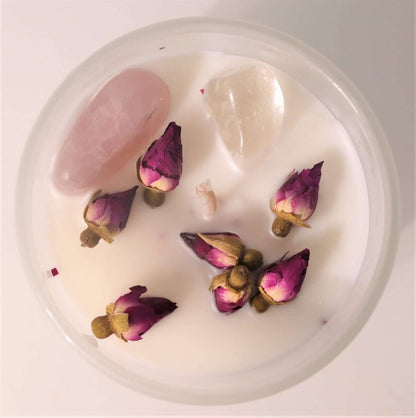 Crystal Soy Wax Candle Rose Quartz, Clear Quartz, Ylang Ylang and Jasmine  Comes with Rose Quartz, Clear Quartz, Ylang Ylang and Jasmine Natural Soy Wax.  40 hours burn time. 8×9.3cm with 200g wax.  SKU: CA11