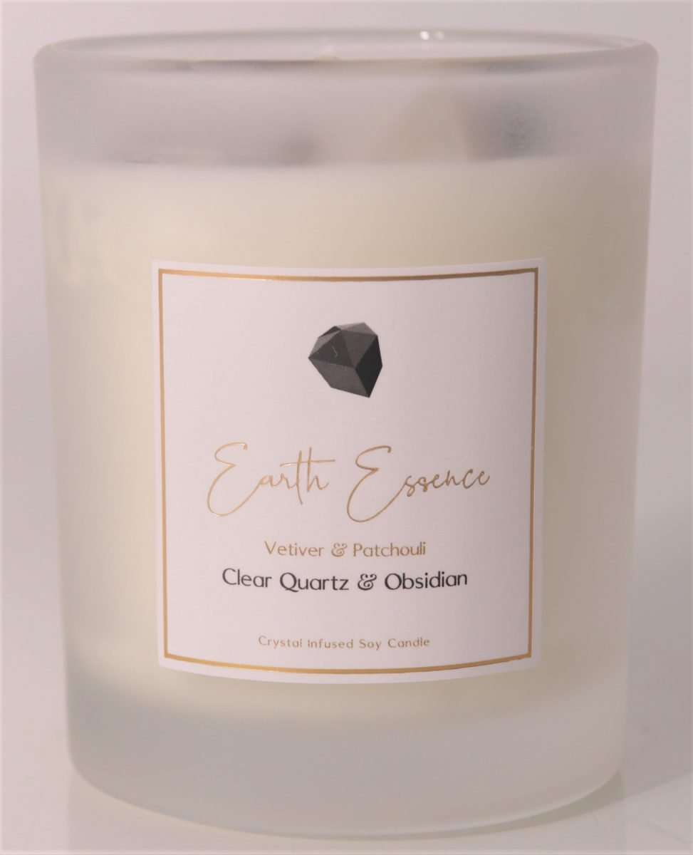 Crystal Soy Wax Candle White Sage, Vetiver, Patchouli, Clear Quartz and Obsidian  Comes with White Sage, Vetiver, Patchouli, Clear Quartz and Obsidian Natural Soy Wax.  40 hours burn time. 8×9.3cm with 200g wax.  SKU: CA8