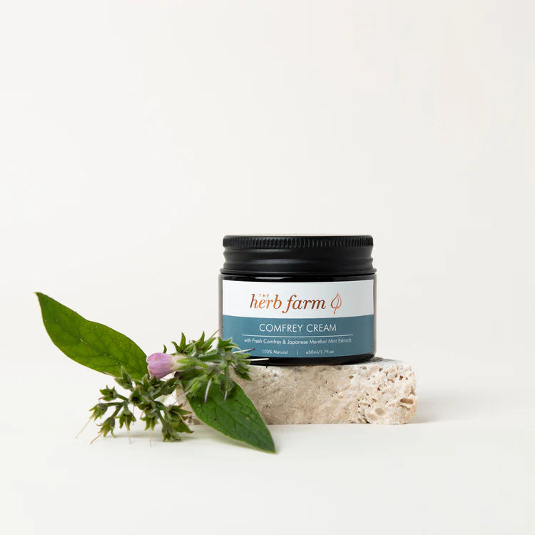 The Herb Farm Comfrey Cream
Our Comfrey Cream supports the active repair of skin, tissue, muscle and bone problems.
Our Comfrey Extract is rich in allantoin to accelerate repair and soothe irritated and itchy skin.
Arnica Oil alleviates swelling and provides relief alongside Rosemary which reduces nerve and arthritic pain through its circulation stimulant activity.
Swedish Bitters Extract supports detoxification and circulatory movement to the injured site encouraging rapid healing.
Suitable for use du