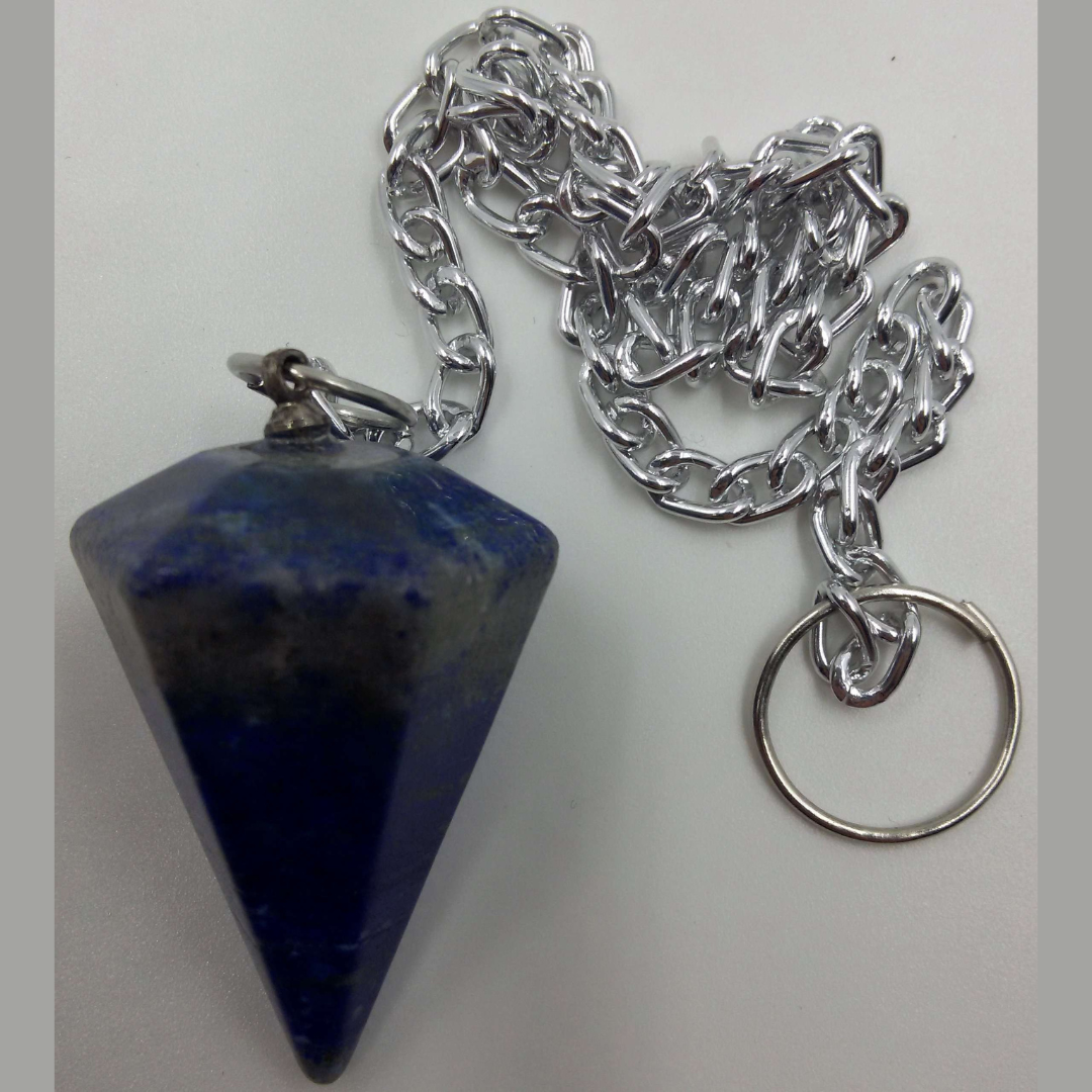 Cone Pendulums Lapis Cone Pendulums- Lapis Dimensions: Length of stone-3cm. Length from chain to the tip of the stone 29cm Size and colour are approximate and may vary. SKU: PLLP