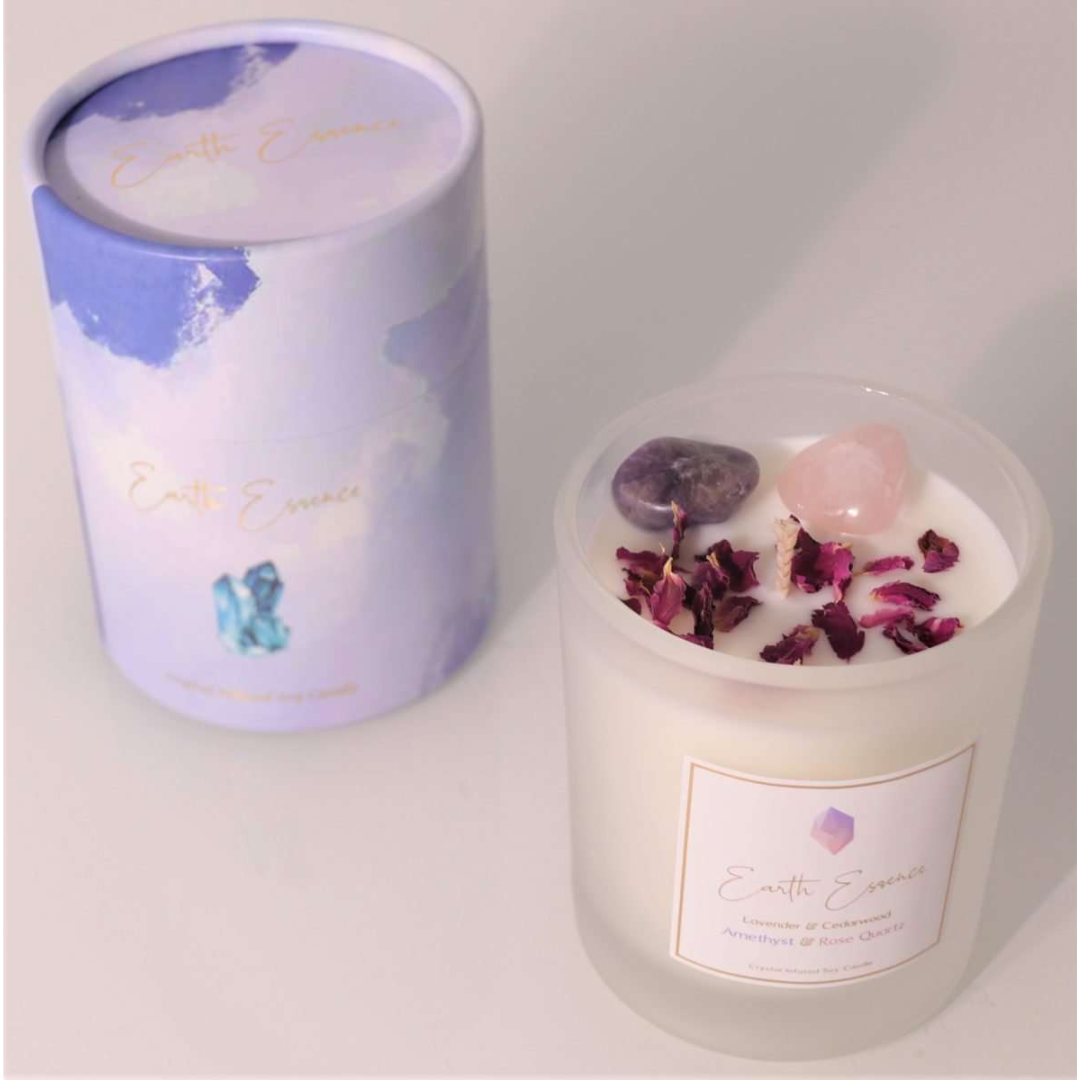 Crystal Soy Wax Candle Amethyst, Lavender, Cedarwood and Rose Petals  Comes with Amethyst, Lavender, Cedarwood and Rose Petals Natural Soy Wax.  40 hours burn time. 8×9.3cm with 200g wax.  SKU: CA12