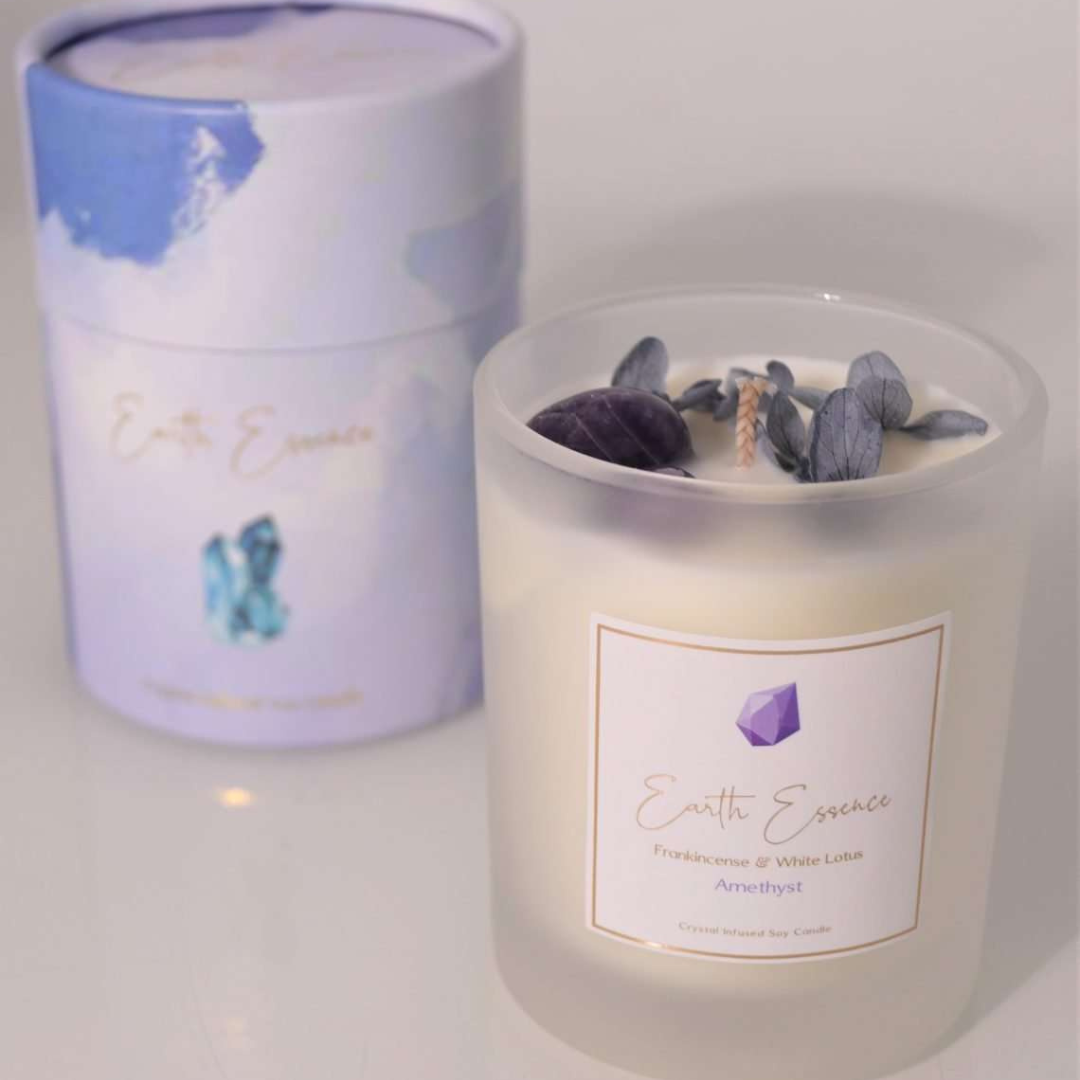 Crystal Soy Wax Candle Hydrangea, Amethyst, Frankincense and White Lotus  Comes with Hydrangea, Amethyst, Frankincense and White Lotus Natural Soy Wax.  40 hours burn time. 8×9.3cm with 200g wax.  SKU: CA10