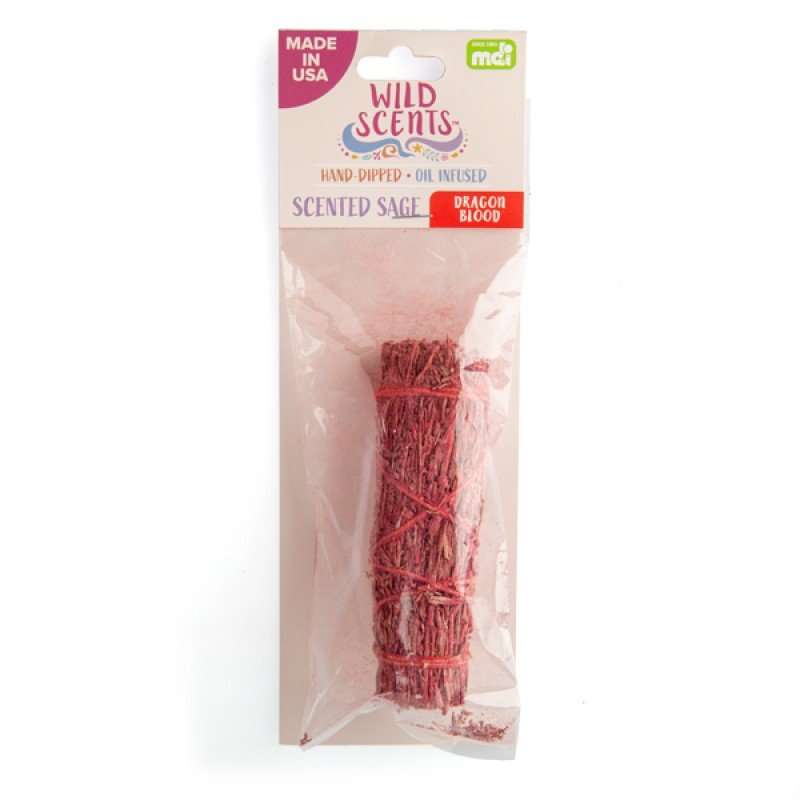 A packaged Wild Scents Dragon Blood Sage Smudge Stick, with the product visible through a clear plastic window.