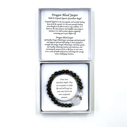 Dragon Blood Jasper bracelet with crystal quartz in a white box with text