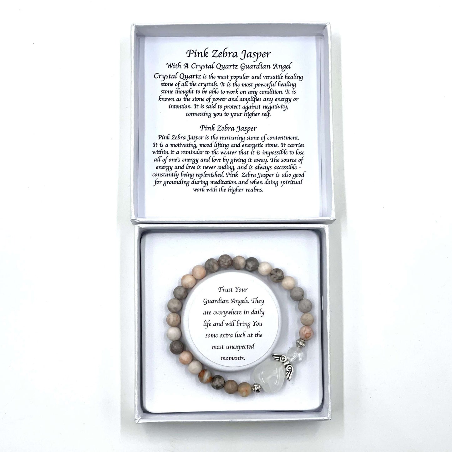 Pink Zebra Jasper Crystal Heart Guardian Angel Bracelet