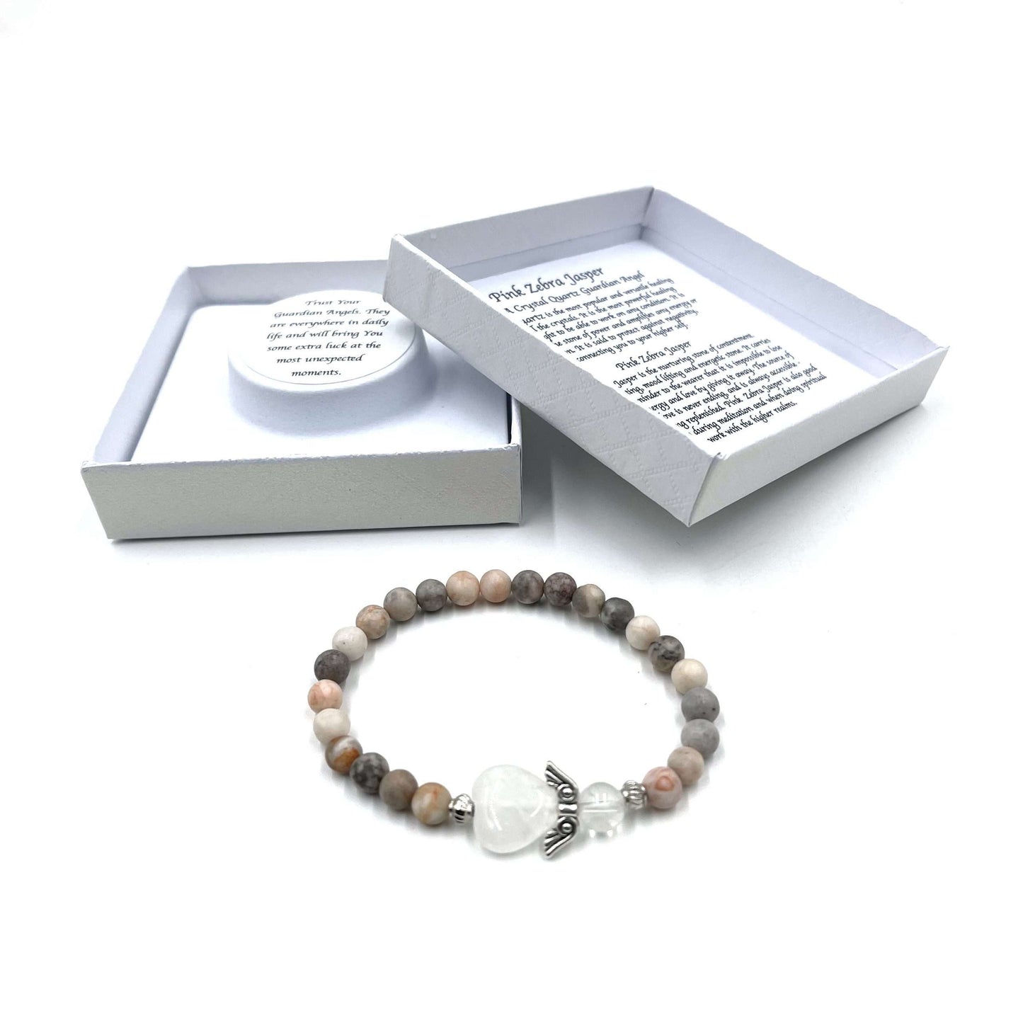 Pink Zebra Jasper Crystal Heart Guardian Angel Bracelet