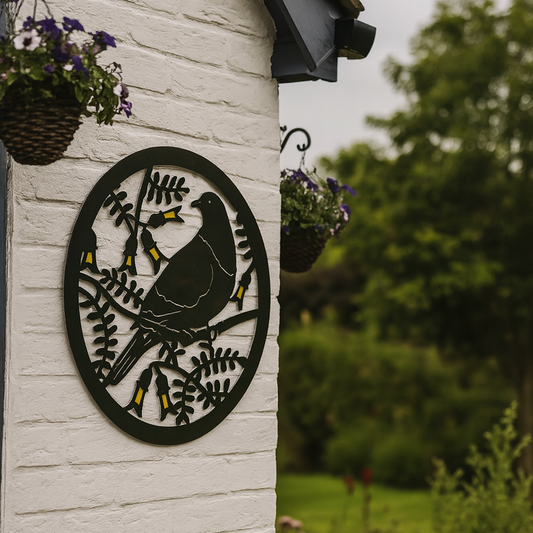Wall Art - Round Steel - Kereru with Kowhai 30cm
H:30 cm - Kereru - Guardian of the Forest The kereru is a large native pigeon found only in New Zealand. Known for its glossy feathers and noisy flight, it helps regenerate forests by spreading native seeds - a true taonga of Aotearoa. Finished in a Pyrotechnic colour with a clear coat for protection. Suitable for indoor and outdoor use.
SKU: GKWA14