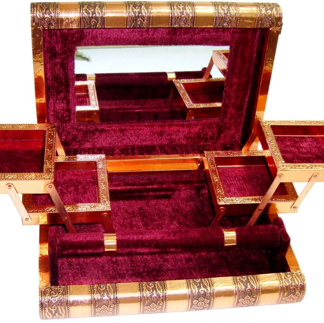 Jewellery Box Copper Finish Burgundy Fabric