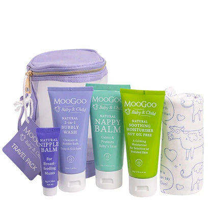 MooGoo Baby Travel Pack Now you can get all of our most popular and essential baby products in convenient travel sizes. These are also suitable for carry-on luggage, for when bub is on the MOOve!