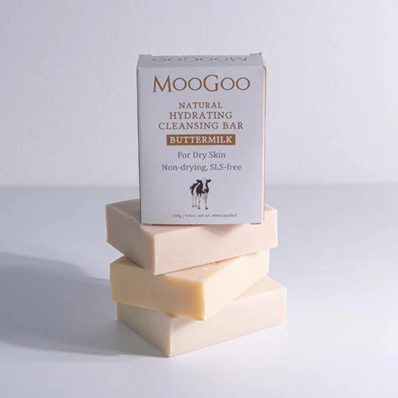 MOOGOO Hydrating Cleansing Bar 130g Buttermilk Buttermilk soap is especially good for people that have had dry skin, or develop dry skin from the sun or air-conditioning. Skin should never be dried out as it becomes more prone to lines and wrinkles. Tip: These are big bars of Milk Soap (130g) so they last longer. Some people with smaller hands or children may find it easier if the bar is cut into two pieces.