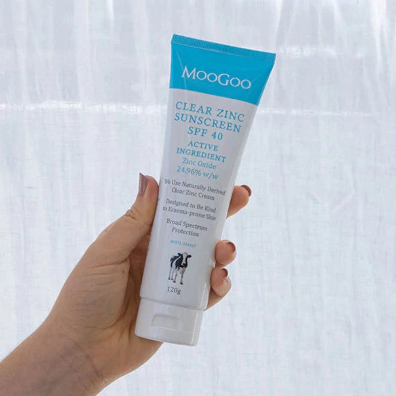 MooGoo Clear Zinc Sunscreen SPF 40 120g We wish making a good sunscreen using only Zinc as the active was as easy as putting Zinc into a moisturiser; but it’s not. Developing a sunscreen with broad-spectrum sun protection using only Zinc, without being too greasy is very complicated. The cream needs to be stable, provide a good reflective film, be naturally preserved etc. All of these things took us 4 years of work to achieve.