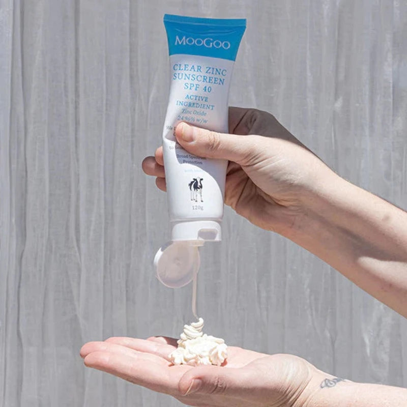 MooGoo Clear Zinc Sunscreen SPF 40 120g We wish making a good sunscreen using only Zinc as the active was as easy as putting Zinc into a moisturiser; but it’s not. Developing a sunscreen with broad-spectrum sun protection using only Zinc, without being too greasy is very complicated. The cream needs to be stable, provide a good reflective film, be naturally preserved etc. All of these things took us 4 years of work to achieve.