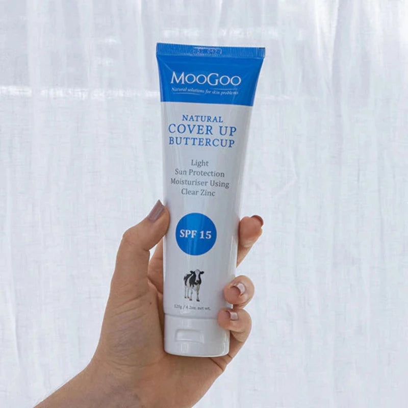 MooGoo Cover Up Buttercup SPF 15 Natural Moisturiser 120g A natural SPF 15 cream still provides very good sun protection whilst not requiring as much clear Zinc and other ingredients as with higher SPF formulas so it feels lighter on the skin. This formula provides long lasting protection without using UV Filters or penetration enhancers, and it won’t leave you looking white as a ghost after application. This is personally what we prefer to use at home.