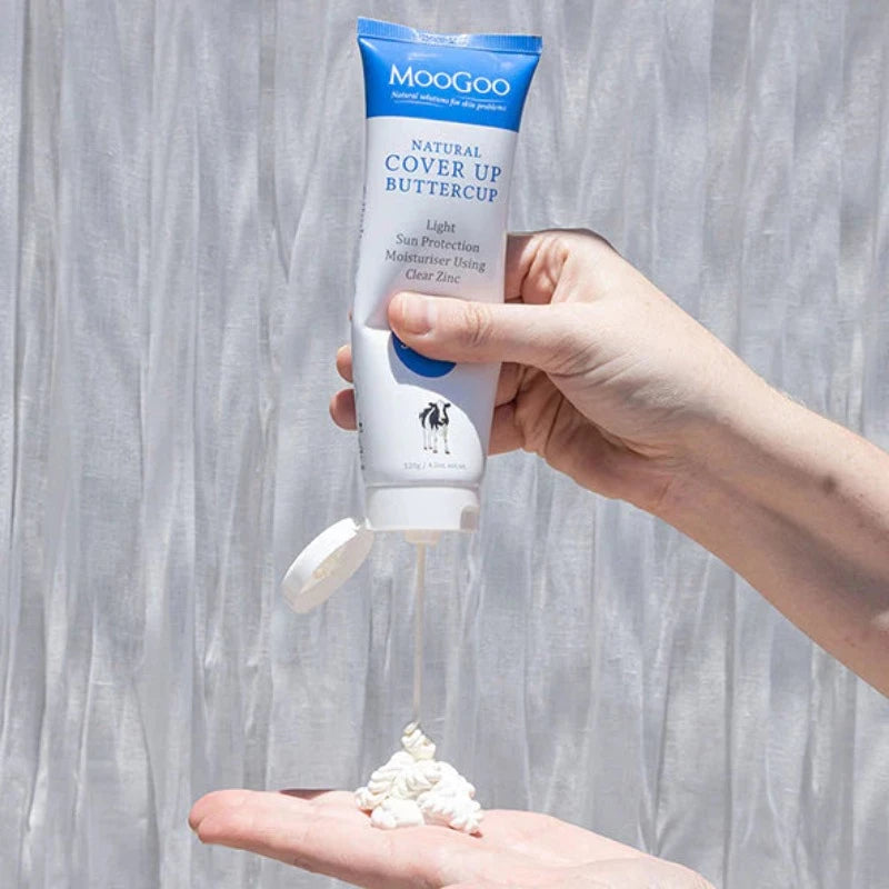 MooGoo Cover Up Buttercup SPF 15 Natural Moisturiser 120g A natural SPF 15 cream still provides very good sun protection whilst not requiring as much clear Zinc and other ingredients as with higher SPF formulas so it feels lighter on the skin. This formula provides long lasting protection without using UV Filters or penetration enhancers, and it won’t leave you looking white as a ghost after application. This is personally what we prefer to use at home.