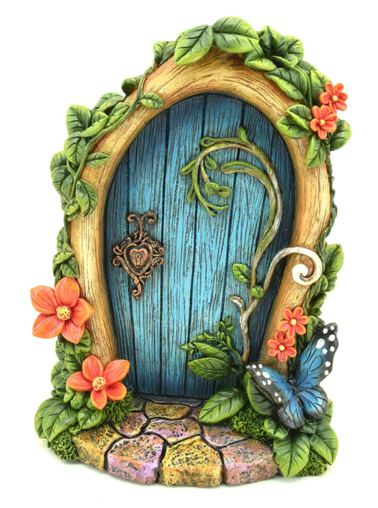 Decorative fairy door with floral and butterfly elements on a white background