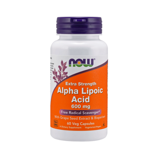 NOW Foods Alpha Lipoic Acid, Extra Strength, 600mg 60 Veg Caps.  What is Alpha Lipoic Acid?  Alpha lipoic acid (ALA) is naturally produced in the human body in very small amounts but is also available in some foods. ALA is unique in that it can function in both water and fat environments.  ALA promotes the production of glutathione and can also recycle vitamins C and E, thereby enhancing their antioxidant activities.