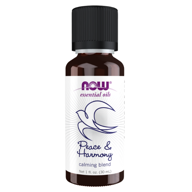 NOW Foods Peace & Harmony Oil Blend 30ml 1st Stop, Marshall's Health Shop!  Calming Blend  Aroma: Minty Floral Herb  HEALTH BENEFITS:  Centering, calming, balancing