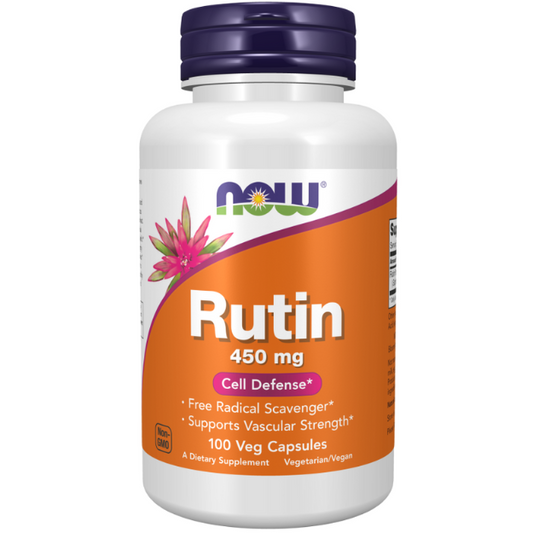 NOW Foods Rutin 450 mg 100 Veg Capsules 1st Stop, Marshall's Health Shop!  Rutin is a bioflavonoid related to quercetin and hesperidin found in both citrus and non-citrus fruits, as well as other foods such as buckwheat. Rutin is a powerful combatant of free radicals and is best known for its role in vascular health.