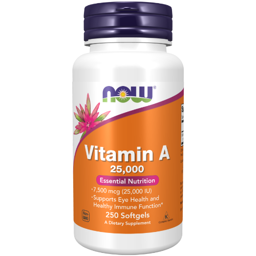 NOW Foods Vitamin A 25,000 Softgels 1st Stop, Marshall's Health Shop!  Vitamin A is essential for the maintenance of the tissues that line the internal and external surfaces of the body, including the eyes, skin, respiratory, GI and urinary tracts.*  HEALTH BENEFITS:  7,500 mcg (25,000 IU) Supports Eye Health and Immune Function*