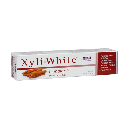 NOW Foods XyliWhite Cinnafresh Toothpaste Gel 181g 1st Stop, Marshall's Health Shop!  XyliWhite™ is a remarkable Fluoride-free toothpaste gel that uses natural Xylitol as its main ingredient.  For adults and children. Formulated with the purest ingredients. Free of SLS (sodium lauryl sulfate).
