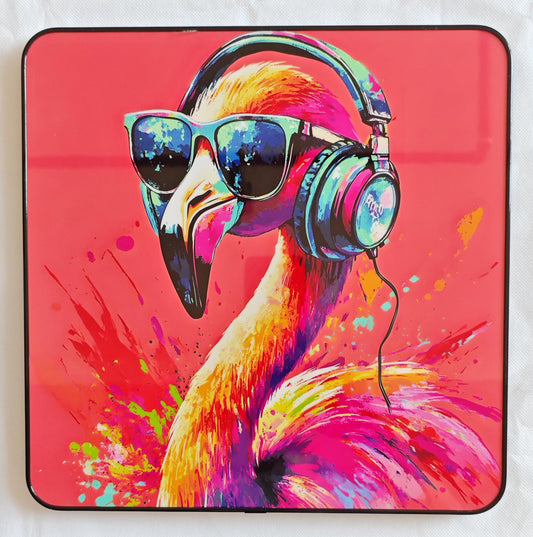 Pop Art Flamingo Headphones 30x30cm Framed PVC