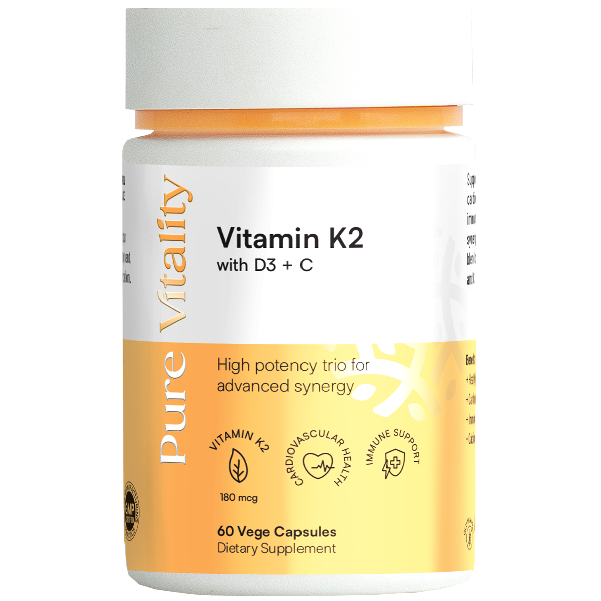 Pure Vitality's Vitamin K2+D3+C 430mg 60 Vege Caps