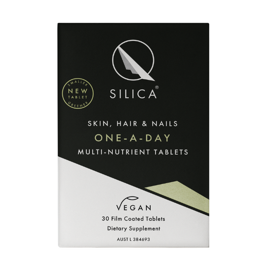 Qsilica One-A-Day Silica Hair Skin Nail 30 tabs Qsilica Skin, Hair & Nails One-A-Day multi-nutrient tablets contains colloidal silica, biotin, zinc and selenium in a convenient once daily supplement.  Formulated to nourish from within, Qsilica capsules may support skin health.