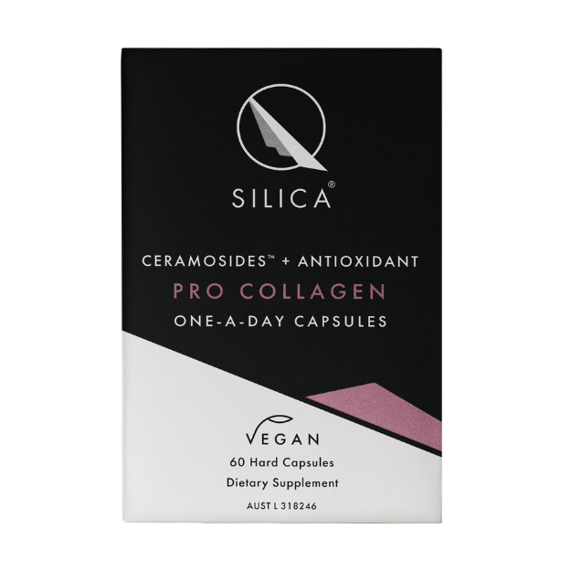 Qsilica Pro Collagen One-A-Day Hair Skin Nail 60 caps Qsilica Pro Collagen one a day capsules contains colloidal silica with a patented natural wheat seed extract known as Ceramosides which may assist the health of collagen.
