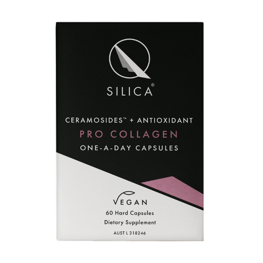 Qsilica Pro Collagen One-A-Day Hair Skin Nail 60 caps Qsilica Pro Collagen one a day capsules contains colloidal silica with a patented natural wheat seed extract known as Ceramosides which may assist the health of collagen.
