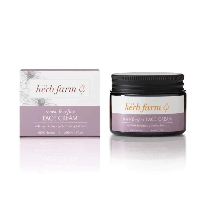 The Herb Farm Renew & Refine Face Cream 50ml  Our Renew & Refine Face Cream is formulated to be packed with active botanical powerhouses which nourish and protect the skin while minimising the signs of ageing for a fresh, vital complexion.