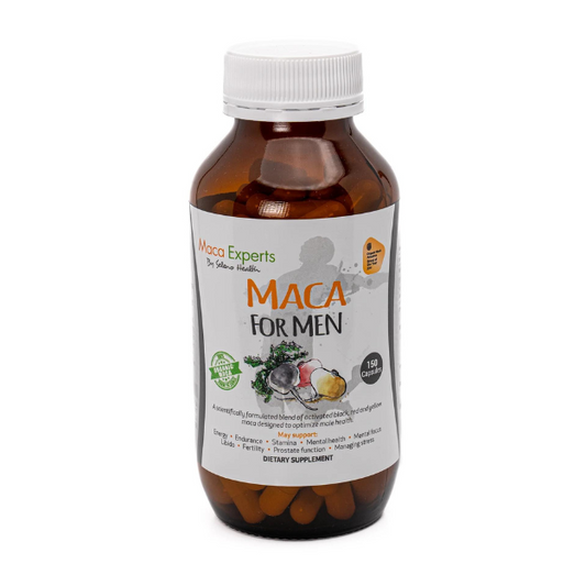 Maca For Men 150 Caps Maca for Men is a scientifically formulated blend of activated black, yellow, and red maca designed to optimize male health and hormones.  The ratios of maca colours are determined by analysis of baseline macamide concentrations of the raw ingredients to create a macamide mixture ideal for male hormonal health. 