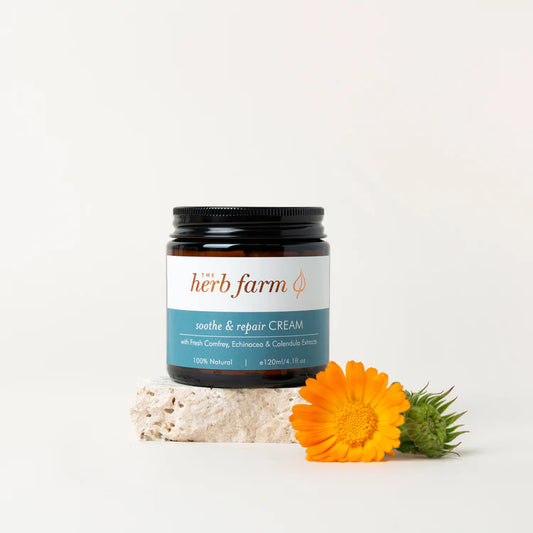 The Herb Farm Soothe & Repair Cream
Our Soothe & Repair Cream is formulated with soothing and repairing extracts and oils to assist with dry, itchy and irritated skin conditions.
Our Echinacea, Comfrey & Calendula Extracts work synergistically together to bring relief to damaged skin while supporting skin cells to recover and regenerate quickly.
Flax Seed Oil delivers plant-based Omega 3 and essential fatty acids to your skin, helping to rebuild the skin barrier.
New Zealand grown, low aller
