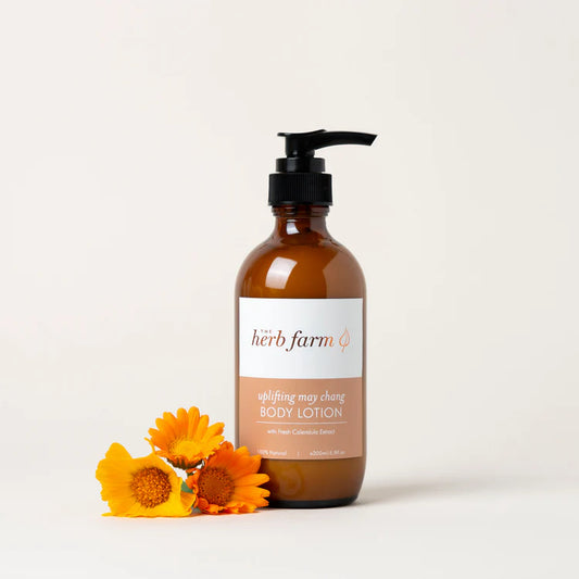 The Herb Farm Uplifting May Chang Body Lotion
Our Uplifting May Chang Body Lotion hydrates, protects and softens your skin, while May Chang Essential Oil uplifts and invigorates your senses - setting you up for a wonderful day ahead.
Our Calendula Extract calms and soothes redness or irritation for soft supple skin.
The nourishing addition of Vitamin E-rich Sweet Almond Oil supports healthy, moisturised skin.
Shea Nut Butter works as an emollient to provide long-lasting hydration with its high