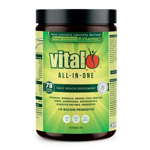 Vital All-In-One Daily Health Supplement 1st Stop, Marshall's Health Shop!  Vital Greens, now named Vital All-In-One, was the first product developed under the Vital Brand in early 2000. The formula is an easily absorbed, carefully balanced powder blend of 78 essential nutrients designed to help give your body everything it needs in a day!