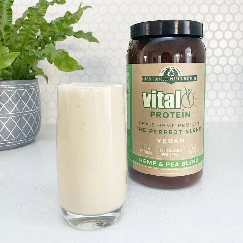 Vital Plant Protein Pea and Hemp 500g 1st Stop, Marshall's Health Shop!  Introducing the newest addition to the Vital range, the Vital Pea & Hemp Protein blend! With 30% Canadian hemp protein powder combined with our Vanilla Vital Protein (70%), we have created a nutritious, all-natural, superior plant protein!