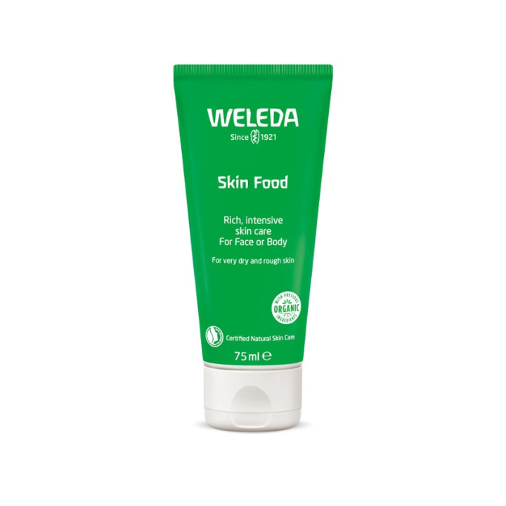 Weleda Skin Food 1st Stop, Marshall's Health Shop! The ultimate natural moisturiser for dry, rough skin everywhere If there’s just one thing you need to take to a desert island, it’s this little green magic tube. Skin Food is a saviour of dry, rough skin on faces, elbows, hands and feet – wherever you take a lot out of your skin, let Skin Food put it back in.